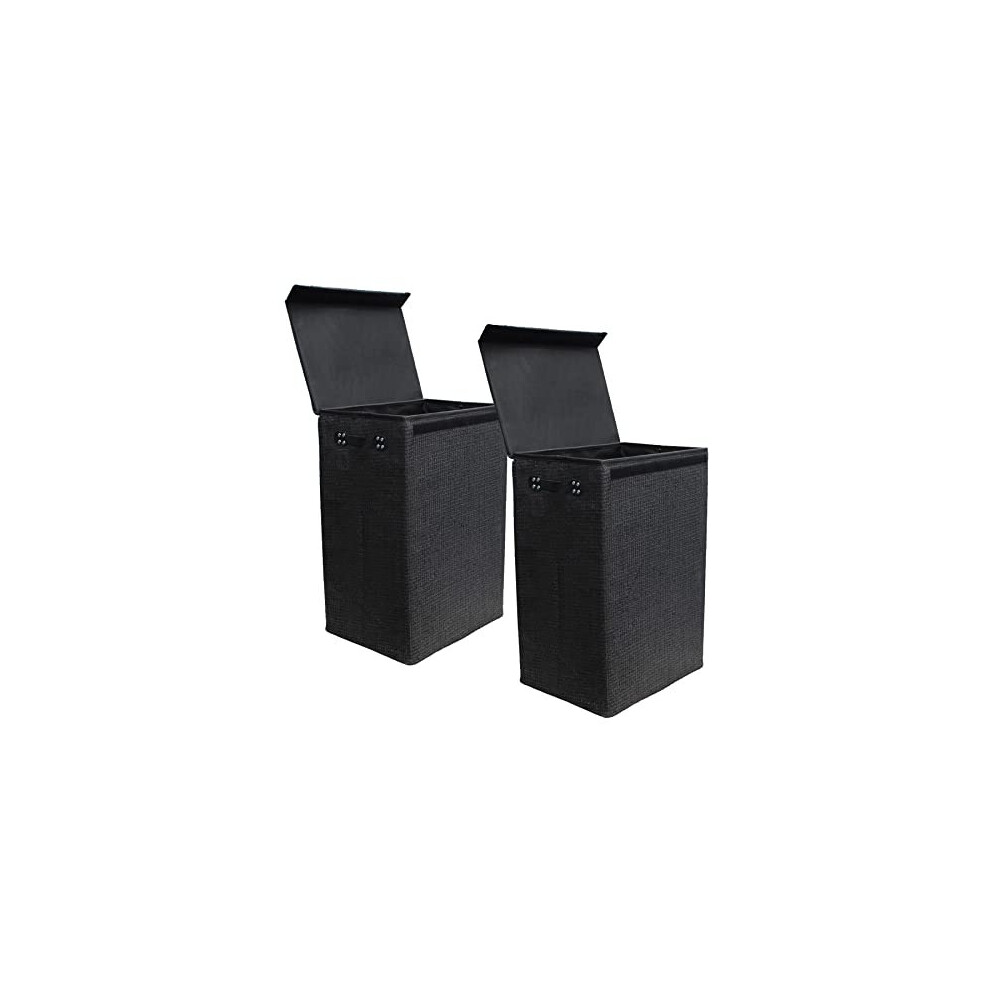72L Laundry Basket with Lid, Sturdy Foldable Woven Style Hamper Design - Black 60cm (H) x 40cm (W) x 30cm (L) - Set of 2 Baskets