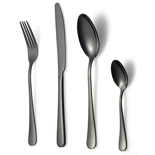 16 Piece Black Cutlery Set, Classic Stainless Steel Flatware Silverware ...