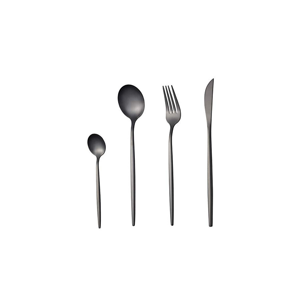 Matte Black Cutlery Set 24 Piece,SANLI Thin Handle Stainless Steel Knife Fork Spoon Set for 6 People,Flatware Dishwasher Safe.