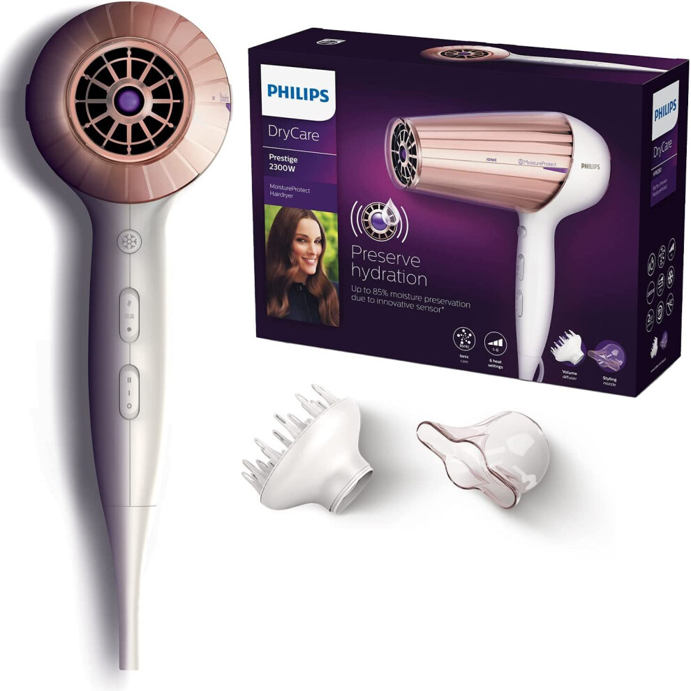 Philips Drycare Prestige Hp8280/00 - Professional Hair Dryer, Dc Motor, Ionic, Nozzle And Diffuser, 3 Speeds, 3 Temperatures, 2300W, White And Pink Pink,White