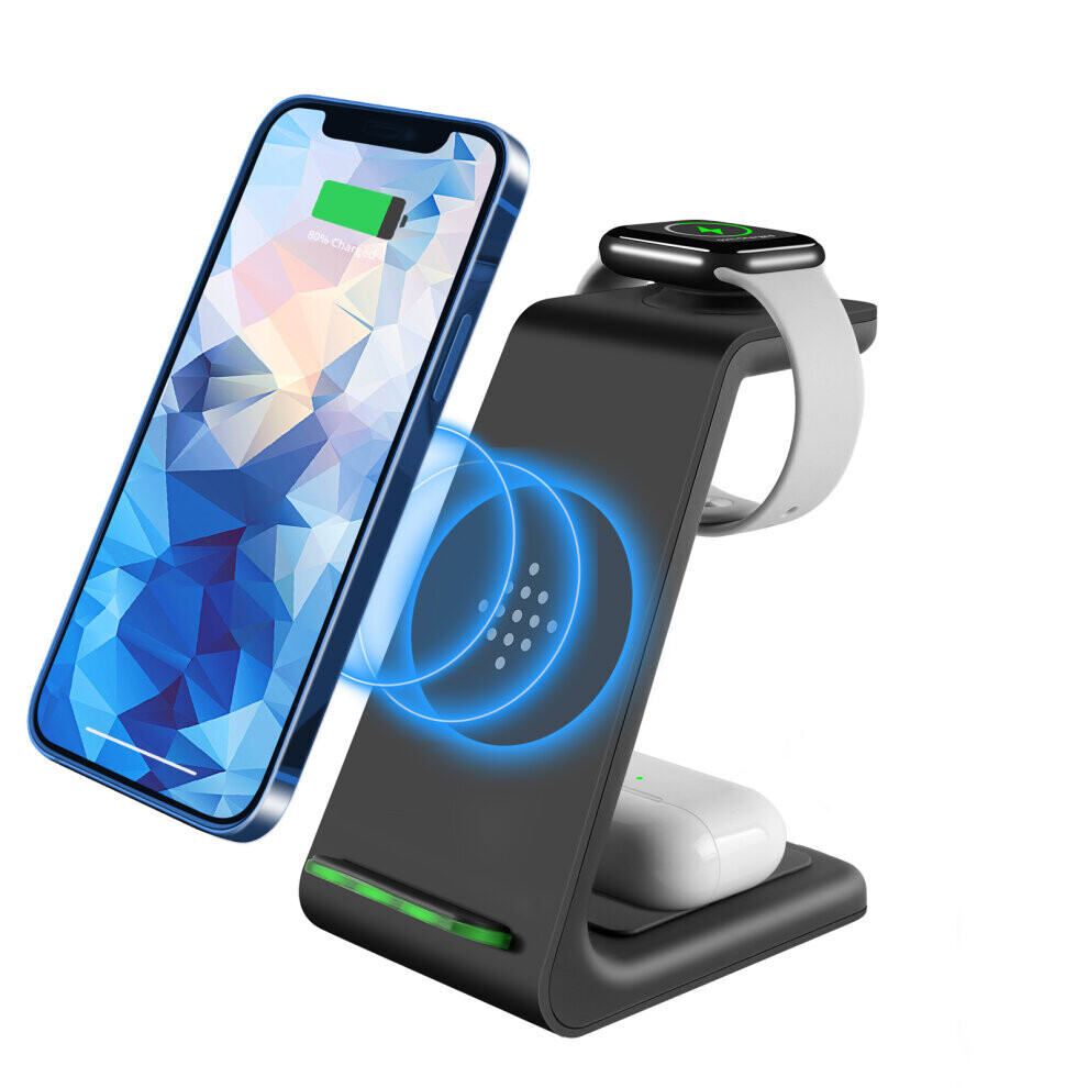 3 In 1 Wireless Charger Qi 15W Fast Charge Stand Black 7391409080933
