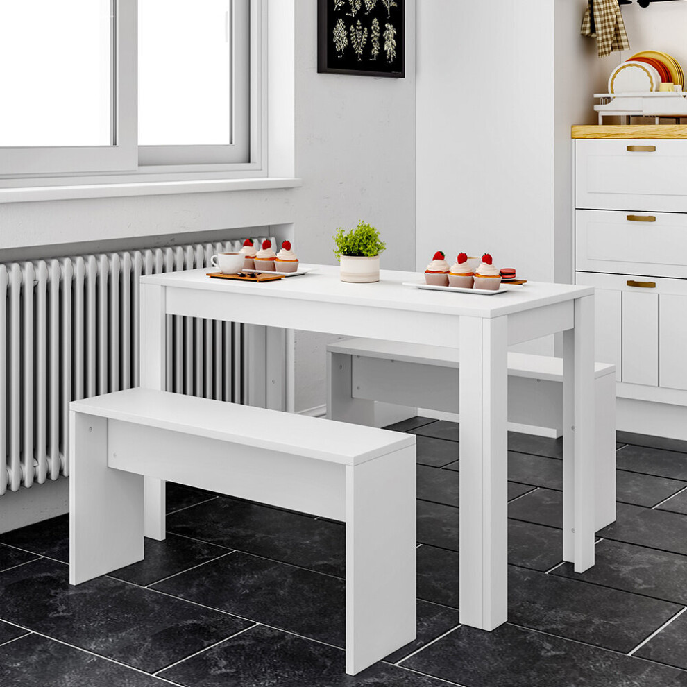 (White) Modern Dining Room Table and Benches Set 3 Piece