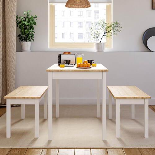 Living And Home (White&Brown) 3 Piece Modern Wood Dining Table and Benches Set 1