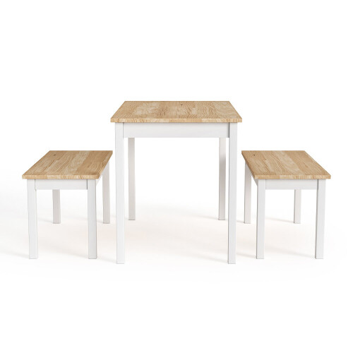 Living And Home (White&Brown) 3 Piece Modern Wood Dining Table and Benches Set 2