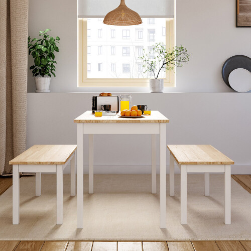 Living And Home (White) Wooden Dining Table and 2 Benches 4 Seat Set 1