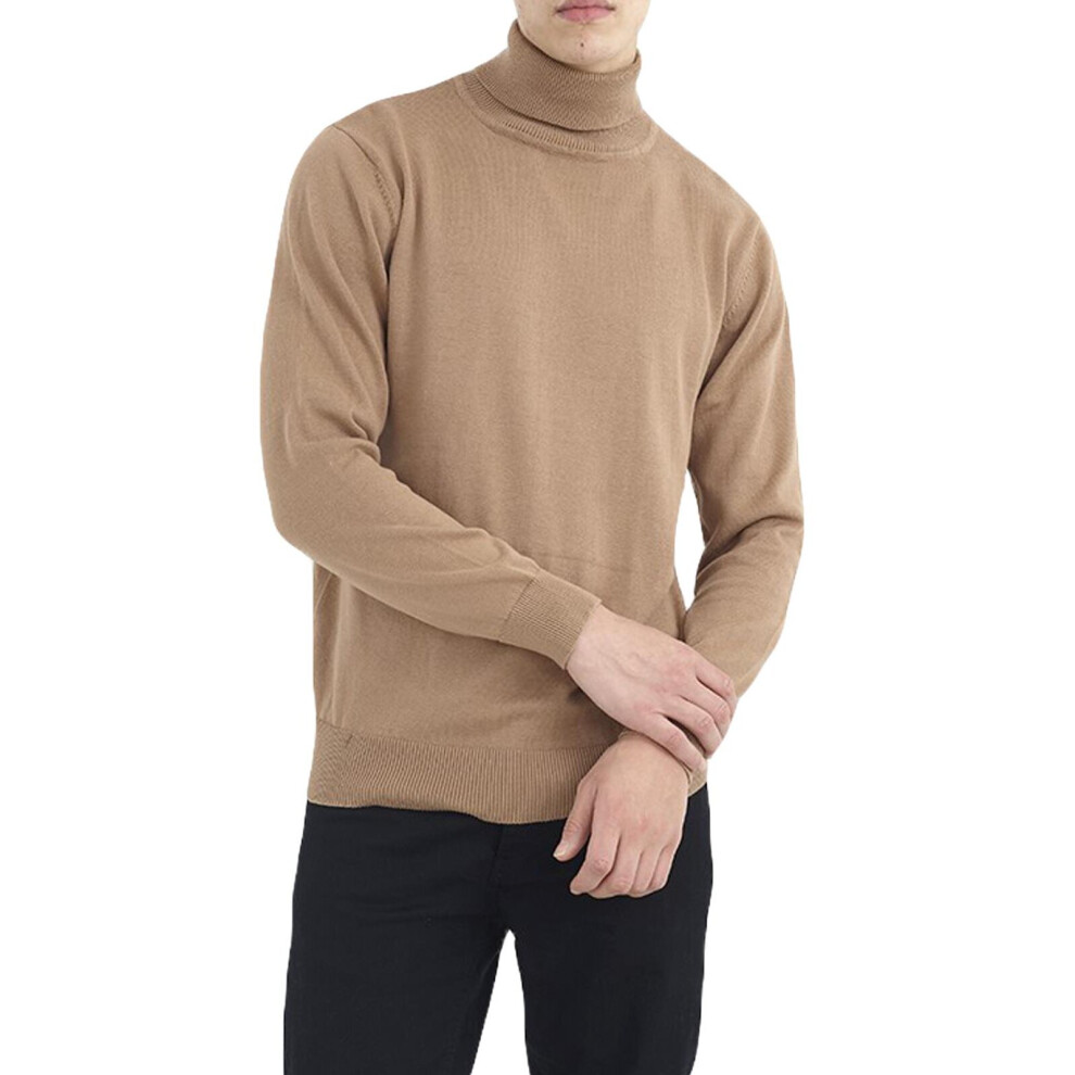 (S, Beige) Brave Soul Men Roll Polo Neck Jumper Funnel Neck