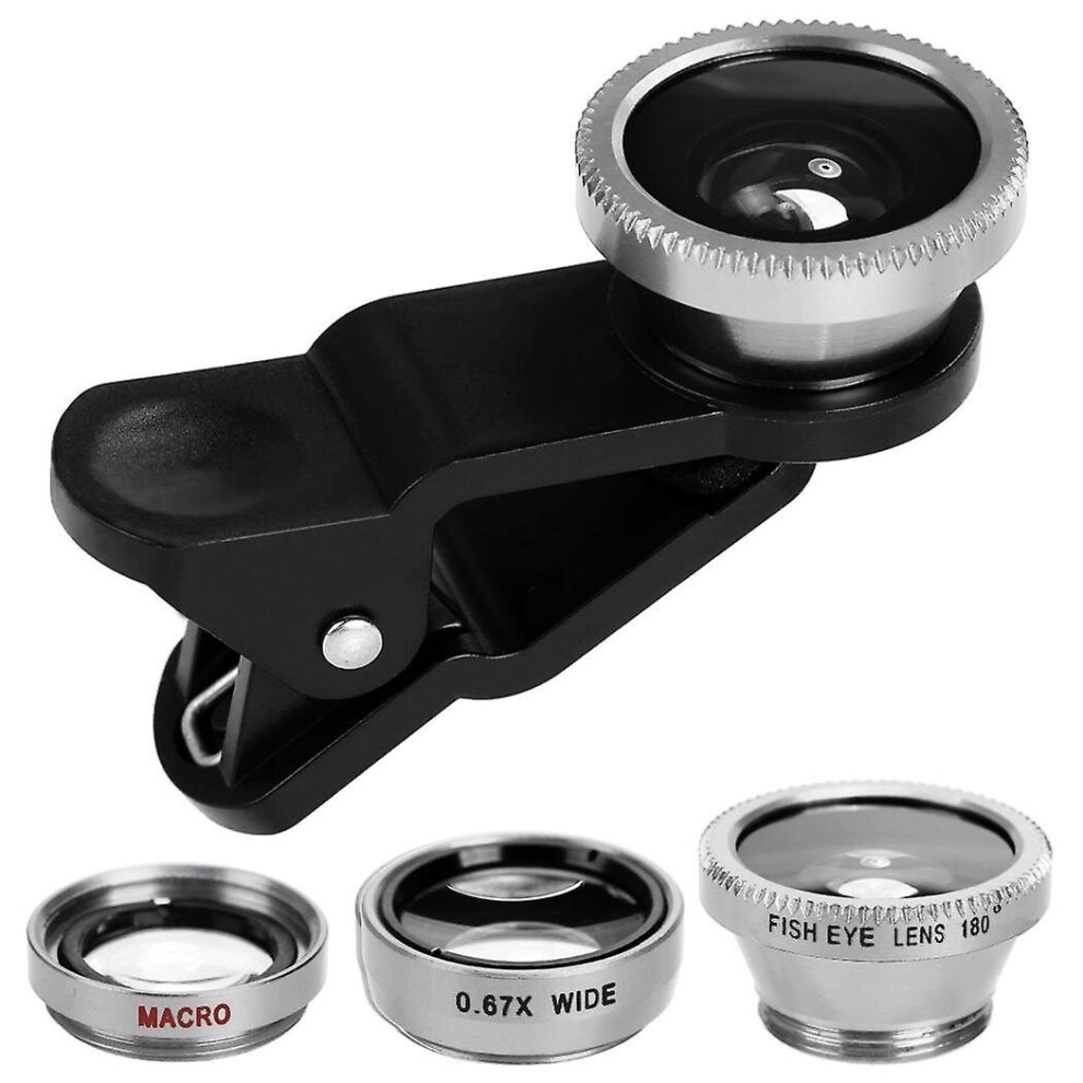 (Silver) Universal Clip Lens 3 In 1 Fish Eye Wide Angle Camera Lens Kit Macro Lentes For Smart Phones-image-OPC-P9RQWTF-NEW