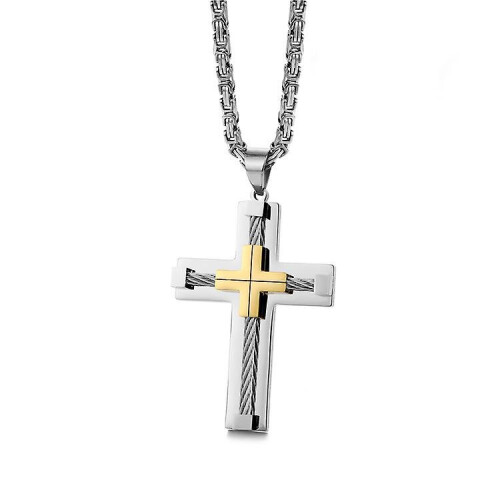 (Silver and Golden) Cross Pendant Necklace Teens Stainless Steel Chain Men Accessories Jewelry