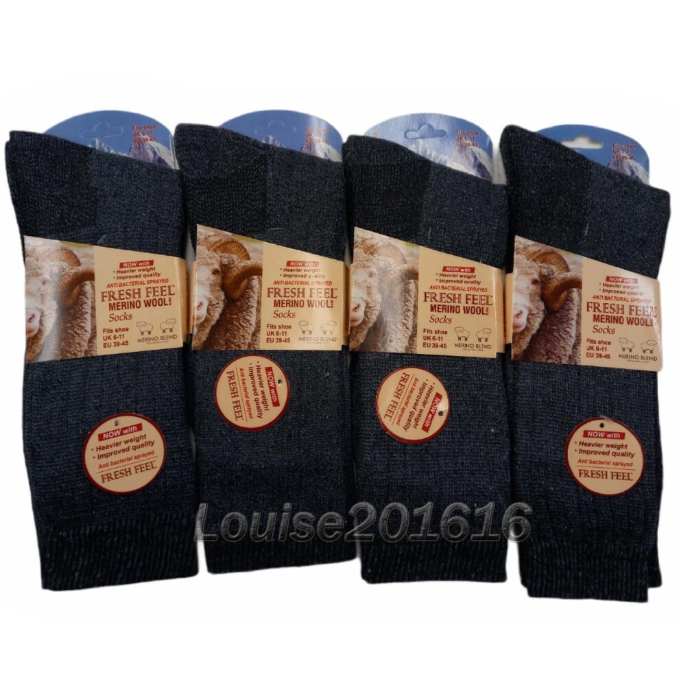 (6-Pairs) Men's Merino Wool Socks Outdoor Walking Work Boot Thermal Socks Black/Grey Size UK 6-11