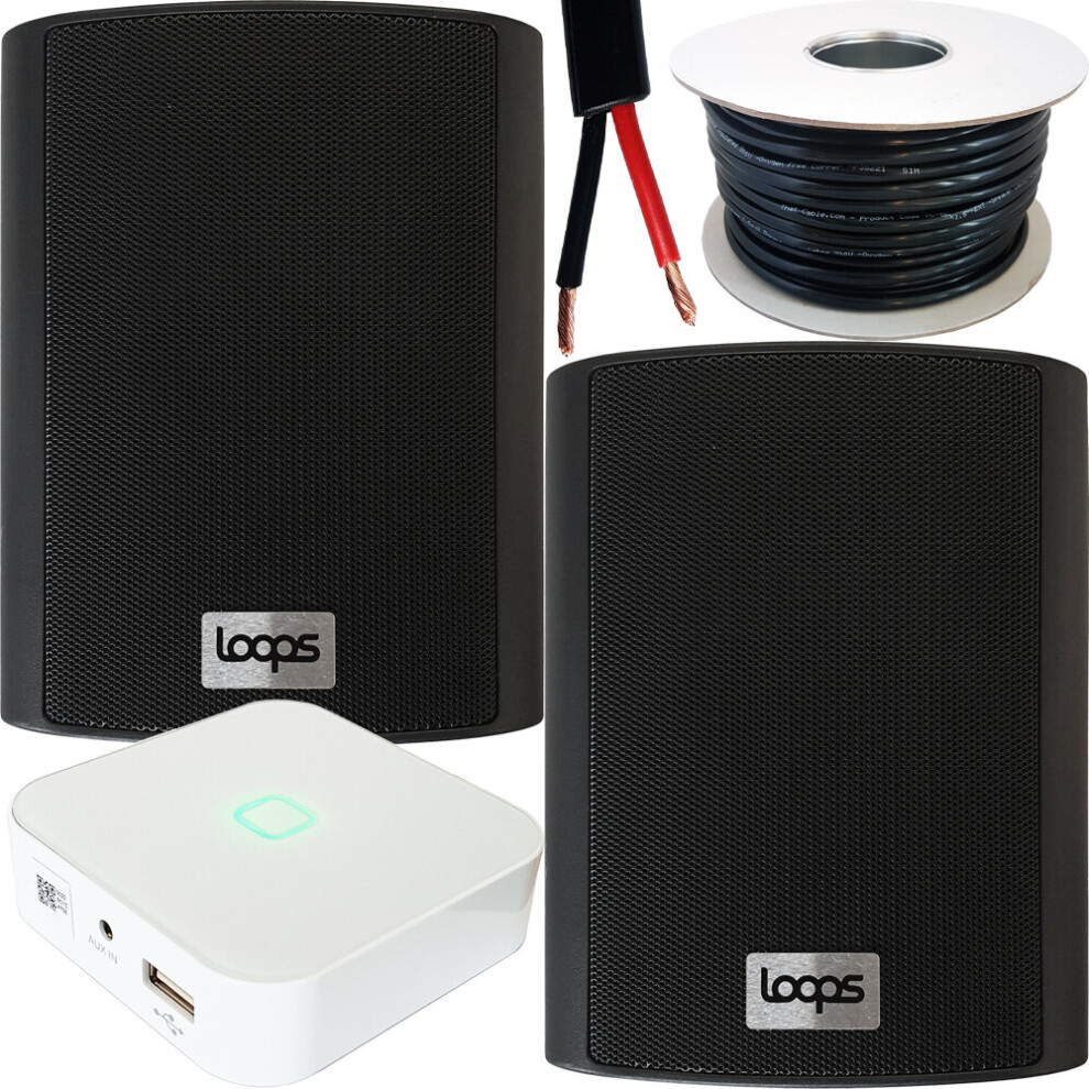 Loops 80W Mini Wifi Stereo Amplifier & 2X 70W 4" Black Outdoor Wall Speaker System