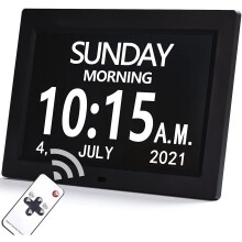 (Black) 7 Inch Digital Day Alarm Clock LED Calendar Dementia Time Date Month Memory Christmas