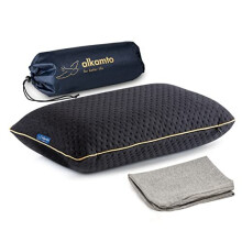 Alkamto Camping Pillow- Travel Pillow-Orthopedic Neck Support Pillow-Ergonomic Memory Foam- Black Thermoregulating cover with extra cotton cover-