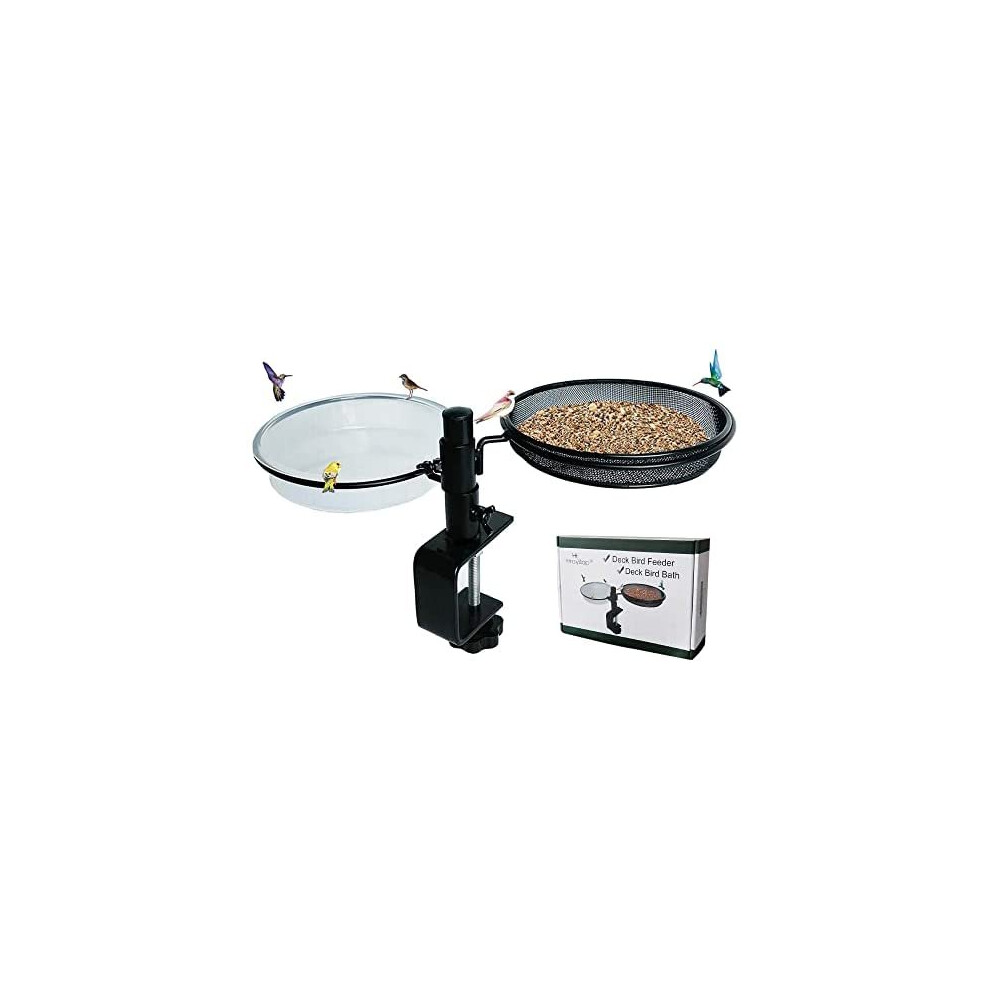 Hltop Deck Bird Feeders Deck Mount Bird Bath With Metal Mesh Tray And Water Bowl - Detachable And Adjustable Heavy Duty Sturdy Clamp Stand - Balc