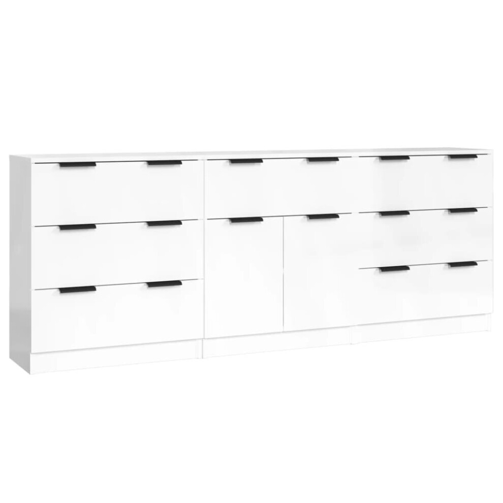 vidaXL Sideboards 3 Piece High Gloss White Engineered Wood Storage Cabinet