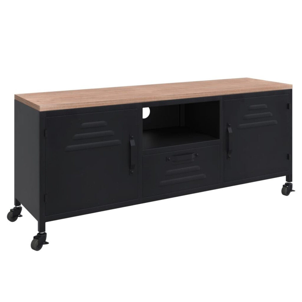 vidaXL Solid Wood Fir and Iron TV Cabinet Black Wooden Sideboard Media Cabinet