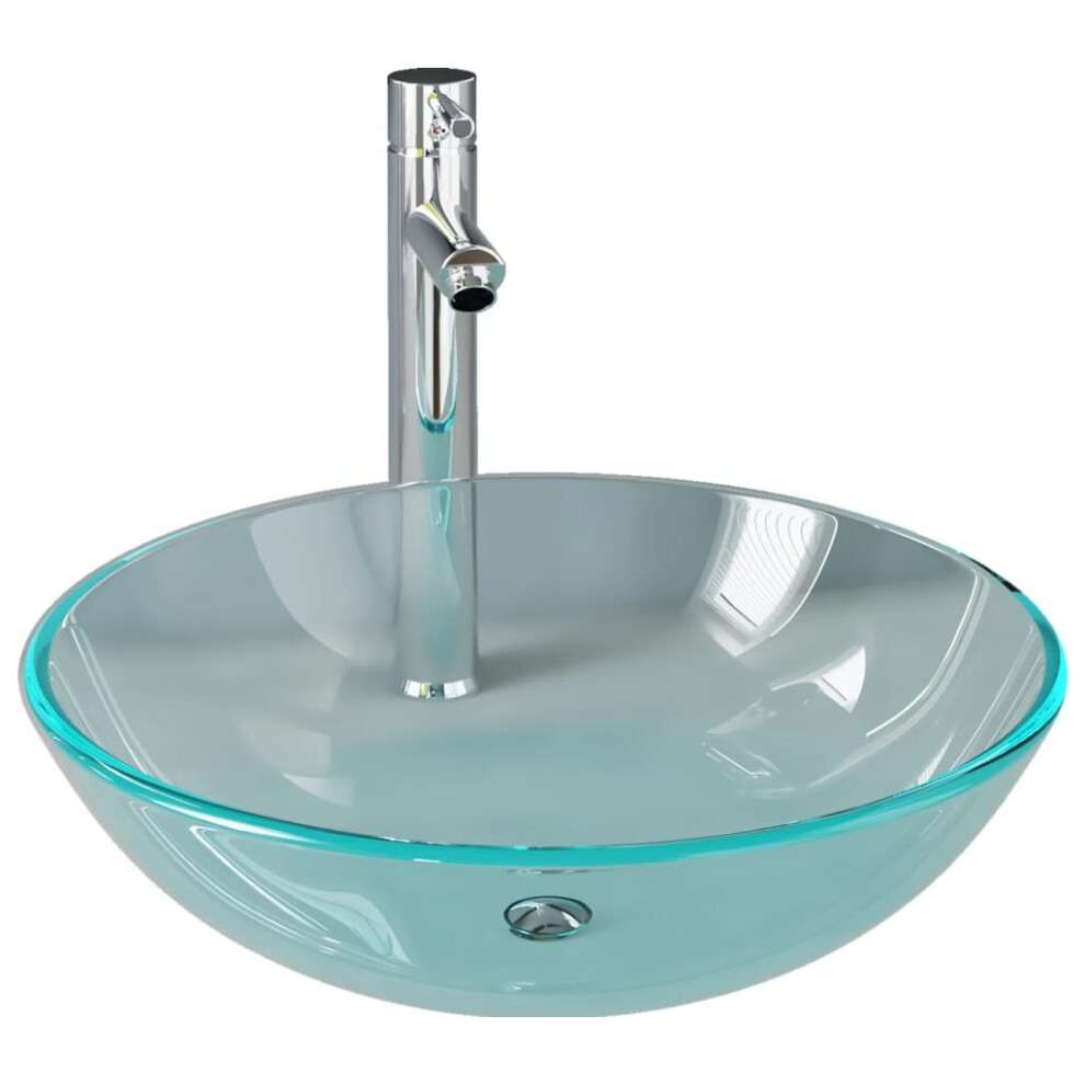 vidaXL Bathroom Sink with Tap and Push Drain Clear Tempered Glass Wash Basin