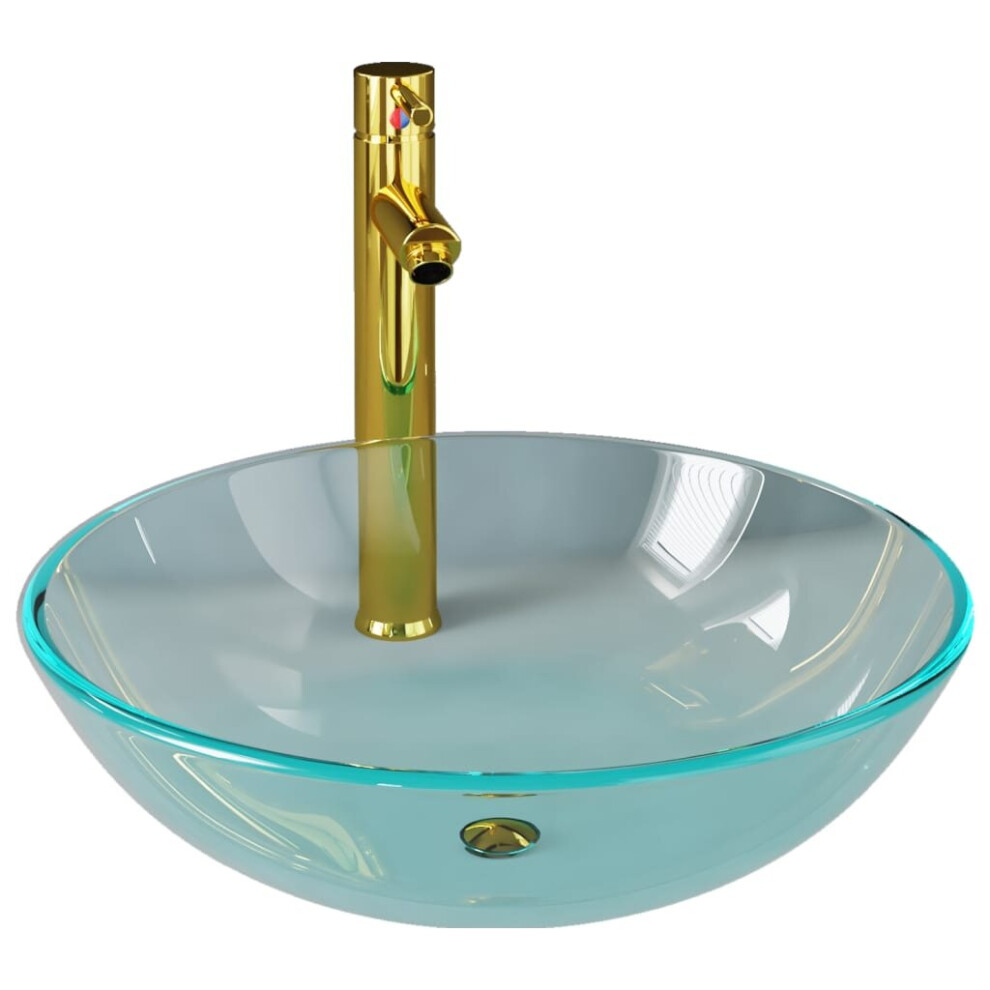 vidaXL Bathroom Sink with Tap and Push Drain Clear Tempered Glass Wash Basin