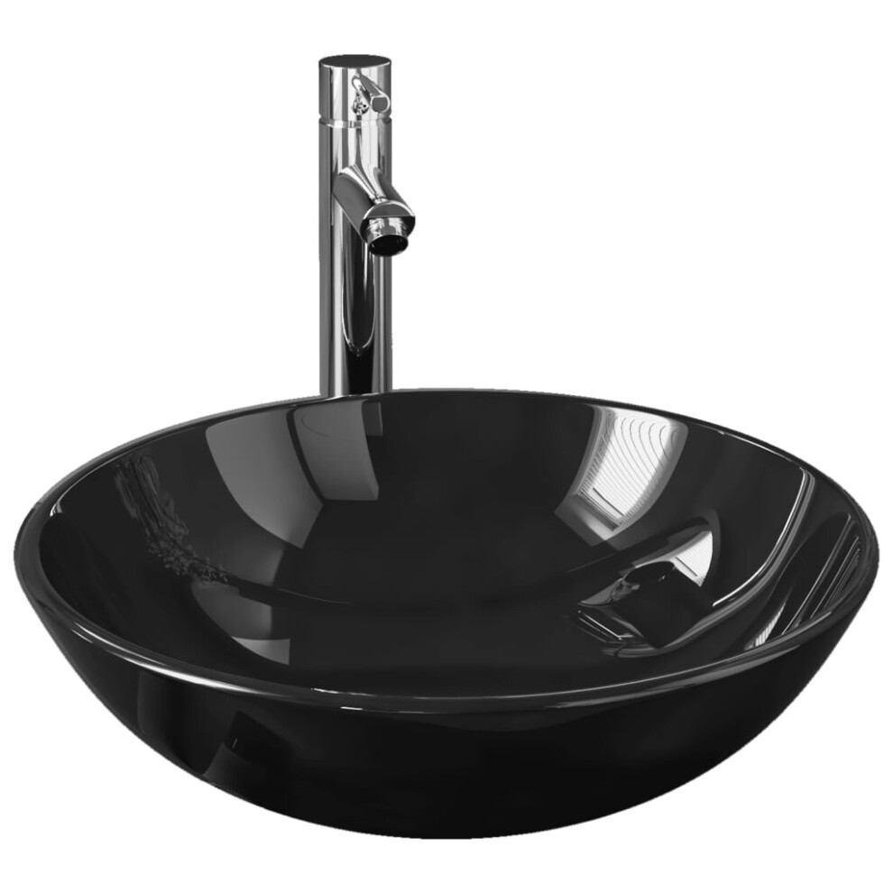 vidaXL Bathroom Sink with Tap and Push Drain Black Tempered Glass Wash Basin