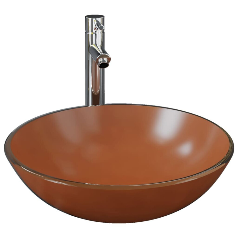 vidaXL Bathroom Sink with Tap and Push Drain Brown Tempered Glass Wash Basin