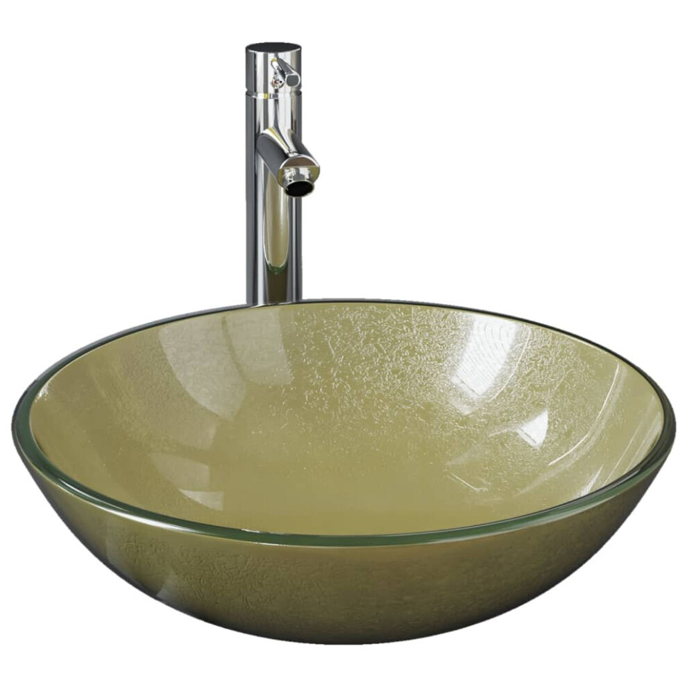 vidaXL Bathroom Sink with Tap and Push Drain Gold Tempered Glass Wash Basin