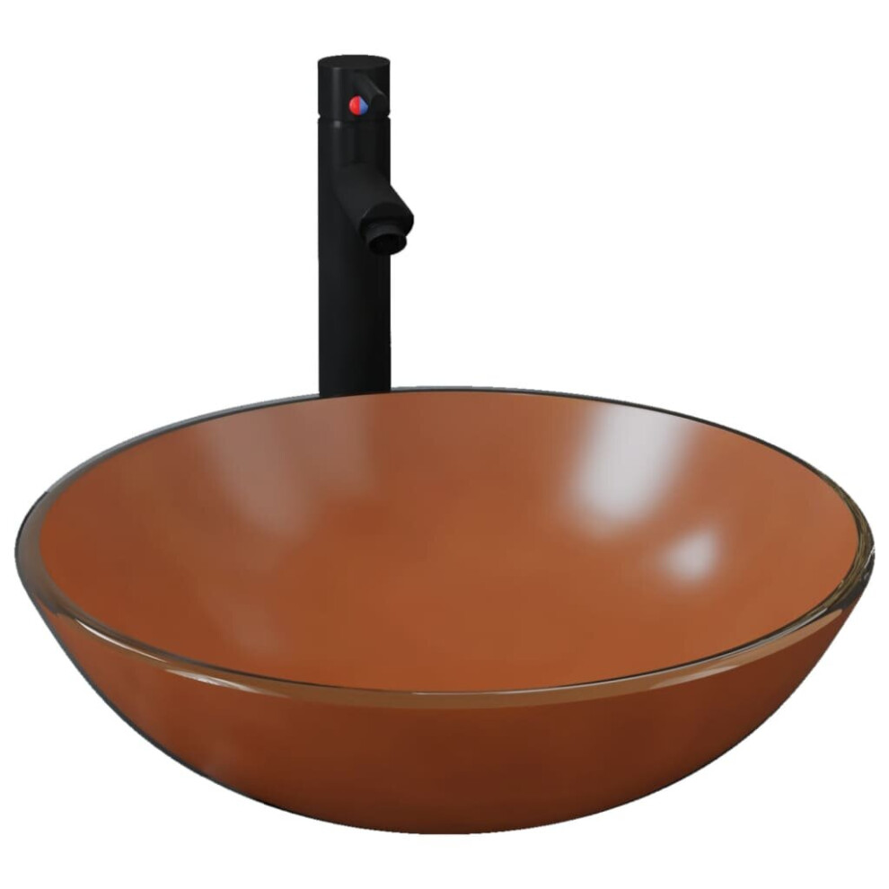 vidaXL Bathroom Sink with Tap and Push Drain Brown Tempered Glass Wash Basin