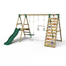 (Jasper, Green) Rebo Wooden Swing Set with Deck and Slide plus Up and Over Climbing Wall