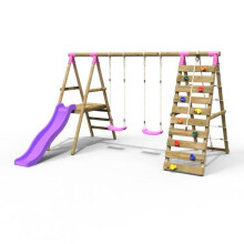 (Jade, Pink) Rebo Wooden Swing Set with Deck and Slide plus Up and Over Climbing Wall