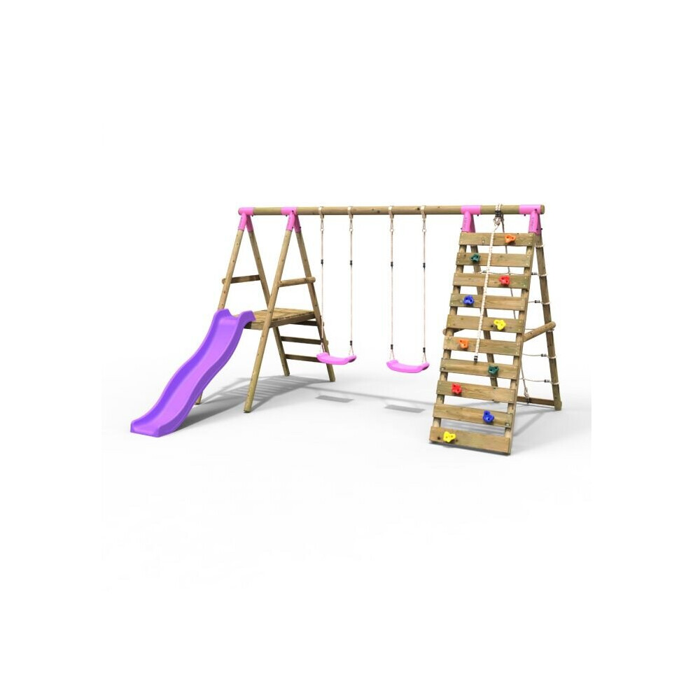 (Jade, Pink) Rebo Wooden Swing Set with Deck and Slide plus Up and Over Climbing Wall