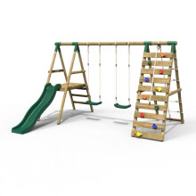 (Jade, Green) Rebo Wooden Swing Set with Deck and Slide plus Up and Over Climbing Wall