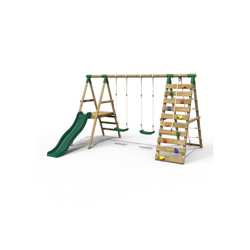 Rebo (Jade, ) Wooden Swing Set With Deck And Slide Plus Up And Over Climbing Wall Green