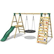 (Pyrite, Green) Rebo Wooden Swing Set with Deck and Slide plus Up and Over Climbing Wall