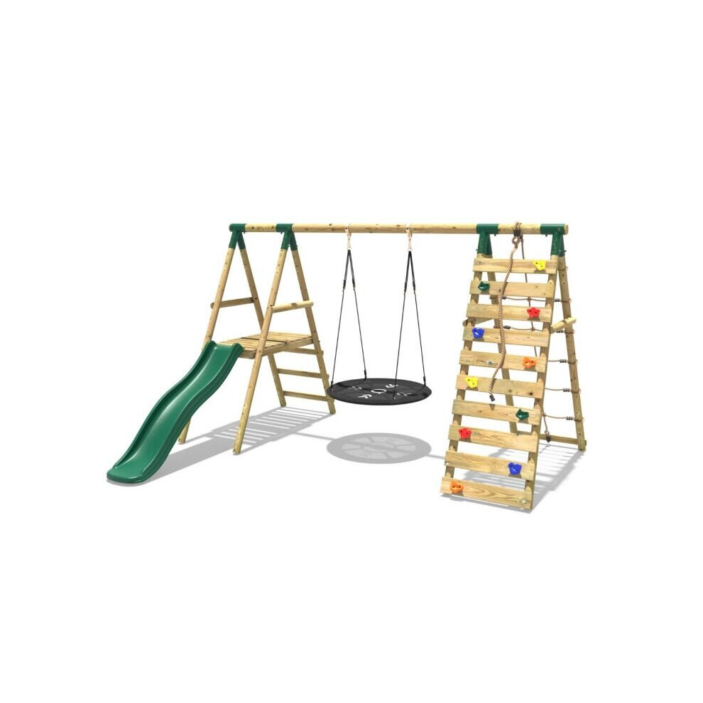 Rebo (Pyrite, ) Wooden Swing Set With Deck And Slide Plus Up And Over Climbing Wall Green