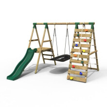 (Onyx, Green) Rebo Wooden Swing Set with Deck and Slide plus Up and Over Climbing Wall