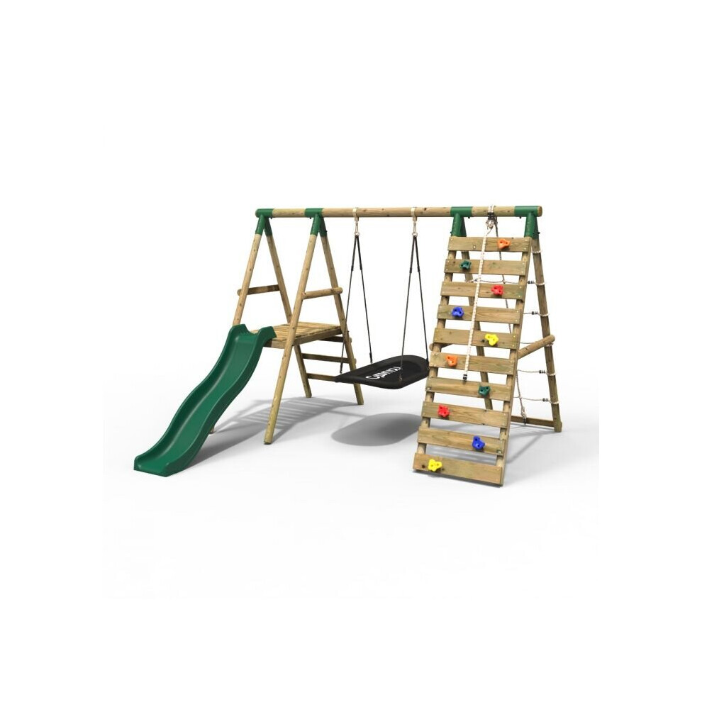 (Onyx, Green) Rebo Wooden Swing Set with Deck and Slide plus Up and Over Climbing Wall