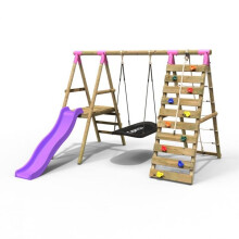 (Onyx, Pink) Rebo Wooden Swing Set with Deck and Slide plus Up and Over Climbing Wall