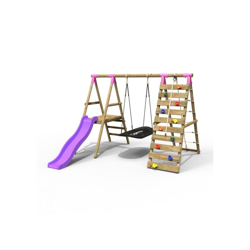 Wooden Swing Set with Boat Swing, Slide and Climbing Wall - Onyx Pink