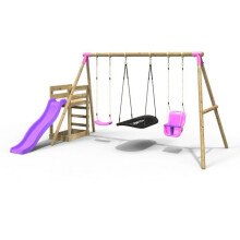 (Halley, Pink) Rebo Wooden Swing Set plus Deck & Slide