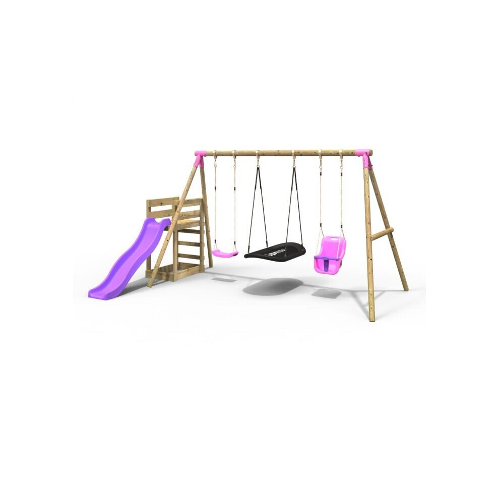 (Halley, Pink) Rebo Wooden Swing Set plus Deck & Slide