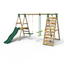 (Obsidian, Green) Rebo Wooden Swing Set with Deck and Slide plus Up and Over Climbing Wall