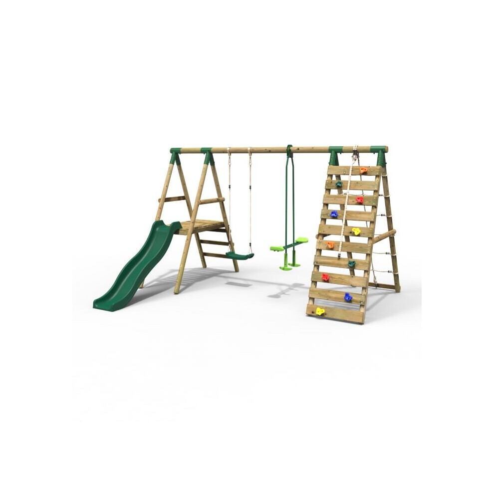 Rebo (Obsidian, Green) Wooden Swing Set With Deck And Slide Plus Up And Over Climbing Wall