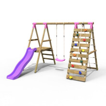 (Amber, Pink) Rebo Wooden Swing Set with Deck and Slide plus Up and Over Climbing Wall