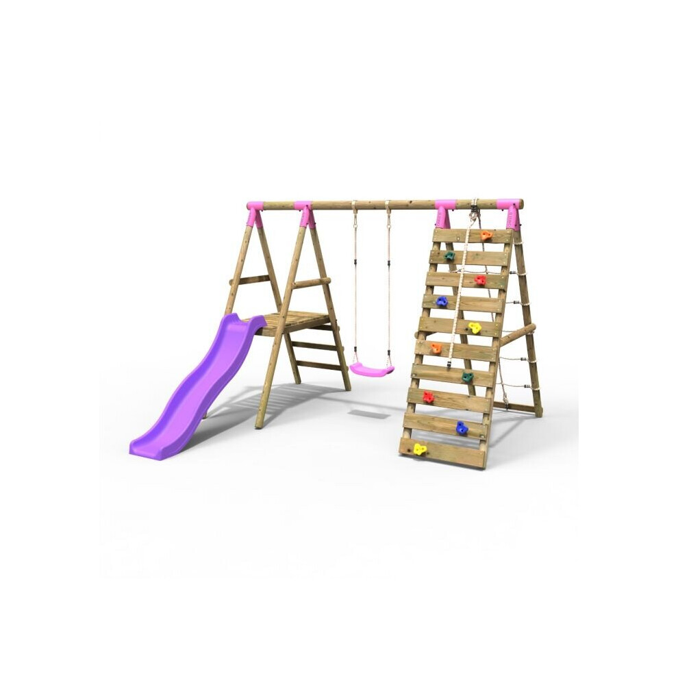 Rebo (, Pink) Wooden Swing Set With Deck And Slide Plus Up And Over Climbing Wall Amber/Pink