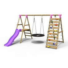 (Pyrite, Pink) Rebo Wooden Swing Set with Deck and Slide plus Up and Over Climbing Wall