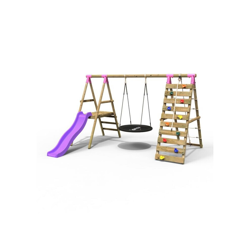 Rebo (Pyrite, ) Wooden Swing Set With Deck And Slide Plus Up And Over Climbing Wall Pink