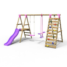 (Obsidian, Pink) Rebo Wooden Swing Set with Deck and Slide plus Up and Over Climbing Wall