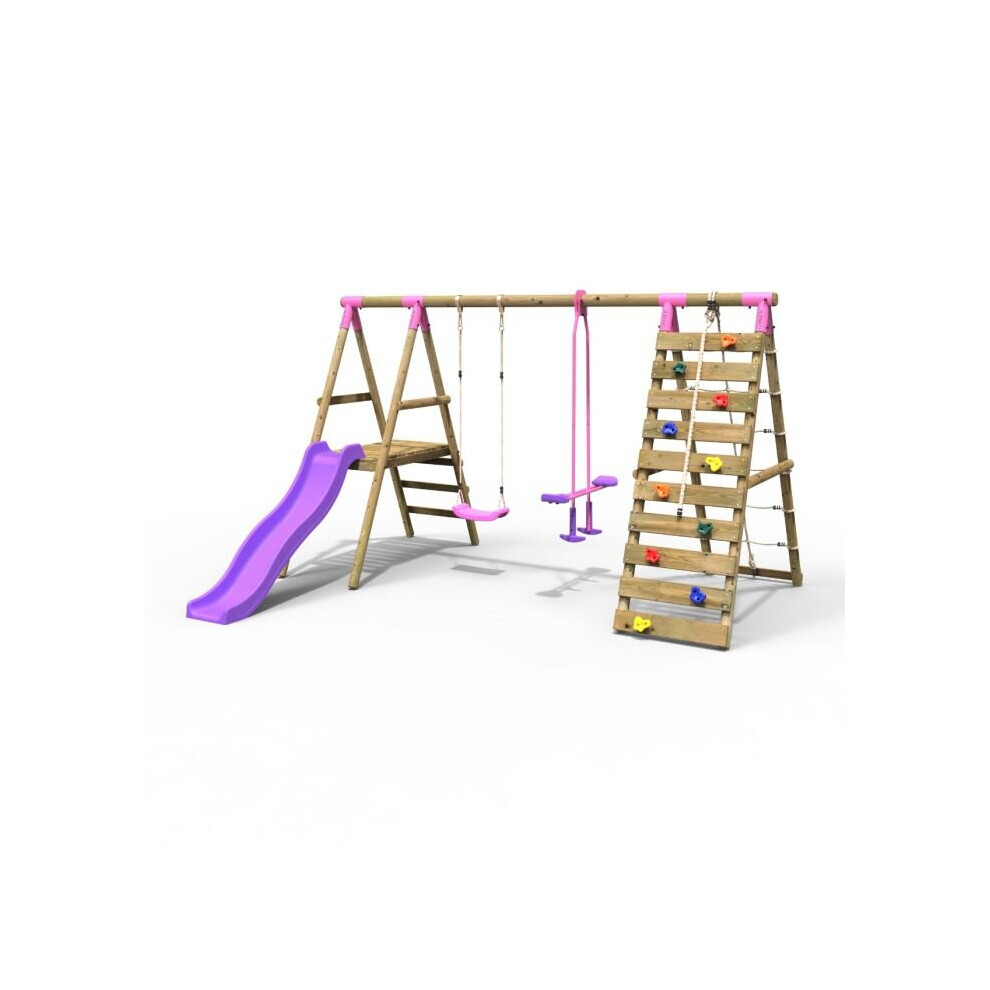 Rebo (Obsidian, ) Wooden Swing Set With Deck And Slide Plus Up And Over Climbing Wall Pink