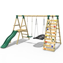 (Quartz, Green) Rebo Wooden Swing Set with Deck and Slide plus Up and Over Climbing Wall