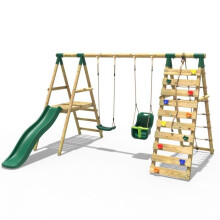 (Moonstone, Green) Rebo Wooden Swing Set with Deck and Slide plus Up and Over Climbing Wall