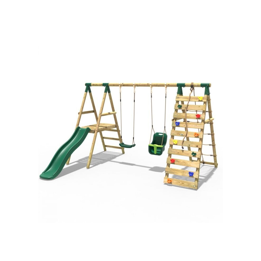 Rebo (Moonstone, ) Wooden Swing Set With Deck And Slide Plus Up And Over Climbing Wall Green