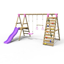 (Jasper, Pink) Rebo Wooden Swing Set with Deck and Slide plus Up and Over Climbing Wall